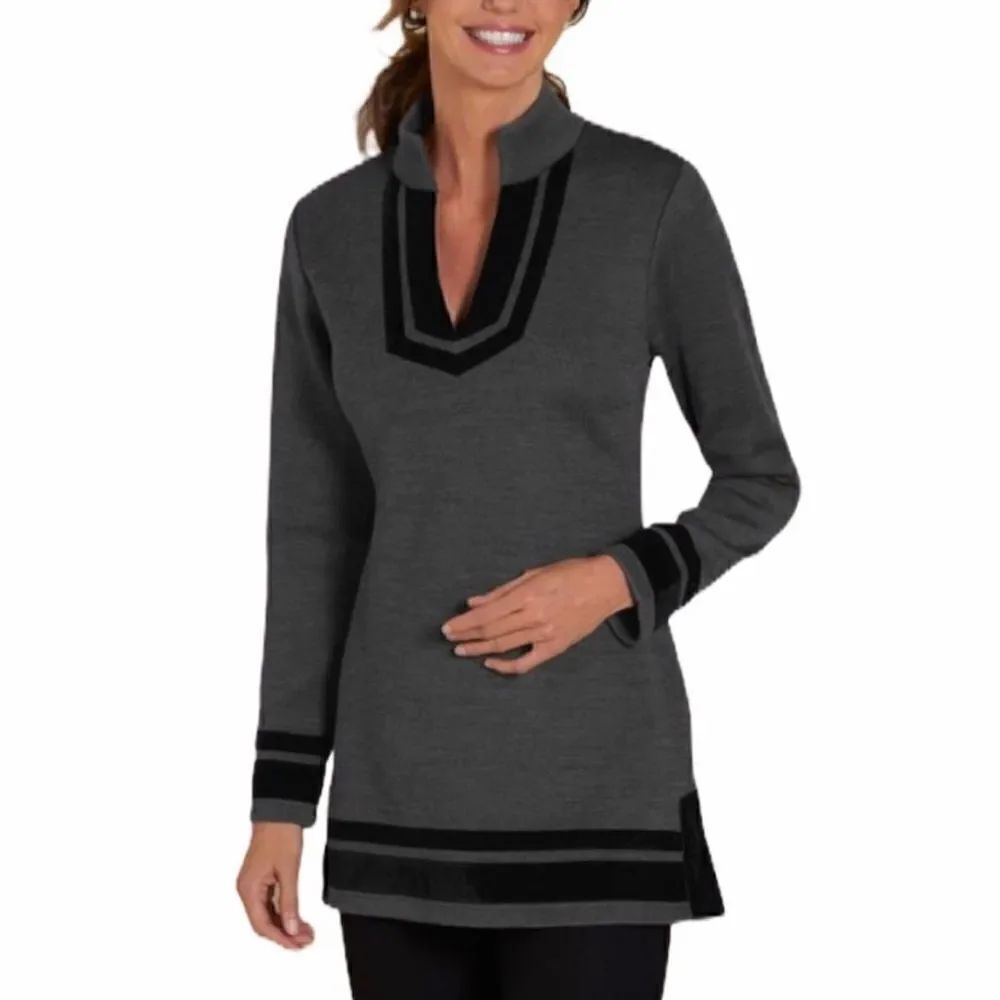 Soft Surroundings Tunic “Runway” Wool Blend With Velvet Trim Grey Black Size M